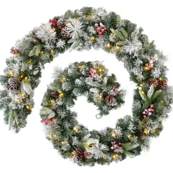 WeRChristmas Pre-Lit Extra Thick Mixed Pine Snow Flocked Garland, Pinecones & Berries, 9 Ft