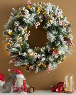 WeRChristmas Pre-Lit Extra Thick Mixed Pine Snow Flocked Wreath, Pinecones & Berries, 76 Cm