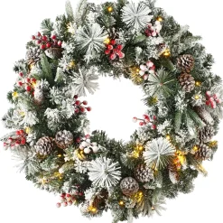 WeRChristmas Pre-Lit Extra Thick Mixed Pine Snow Flocked Wreath, Pinecones & Berries, 76 Cm