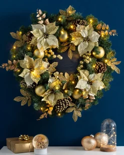 WeRChristmas Pre-Lit Extra Thick Wreath, Cream/Gold, 76 Cm