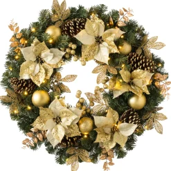 WeRChristmas Pre-Lit Extra Thick Wreath, Cream/Gold, 76 Cm