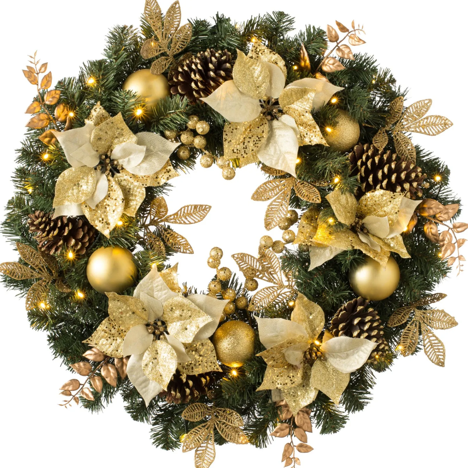 WeRChristmas Pre-Lit Extra Thick Wreath, Cream/Gold, 76 Cm