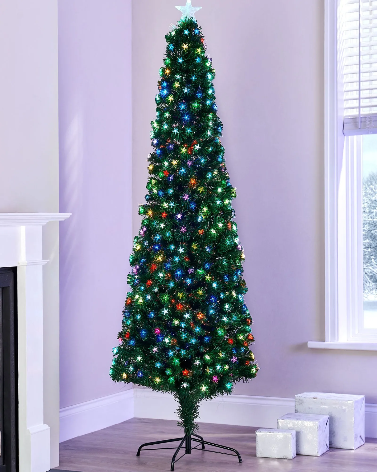 WeRChristmas Pre-Lit Fibre Optic Pencil Christmas Tree With Multi-Coloured LED Stars, 5 Ft