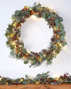 WeRChristmas Pre-Lit Frosted Eucalyptus Wreath, Pinecones & Berries, 76 Cm