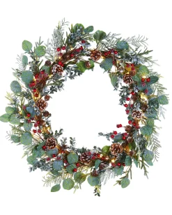 WeRChristmas Pre-Lit Frosted Eucalyptus Wreath, Pinecones & Berries, 76 Cm