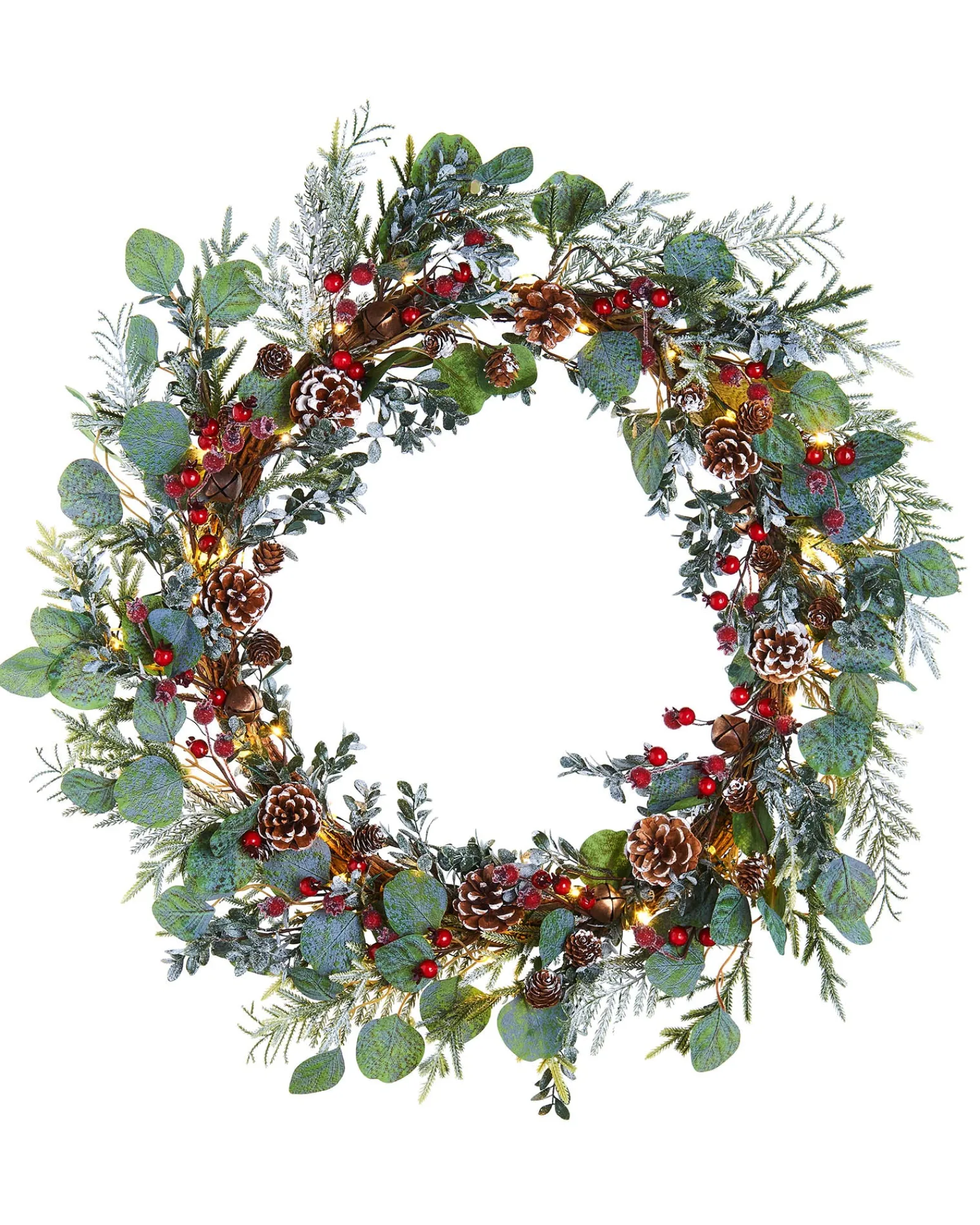 WeRChristmas Pre-Lit Frosted Eucalyptus Wreath, Pinecones & Berries, 76 Cm