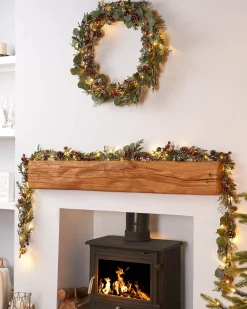 WeRChristmas Pre-Lit Frosted Eucalyptus Wreath, Pinecones & Berries, 76 Cm