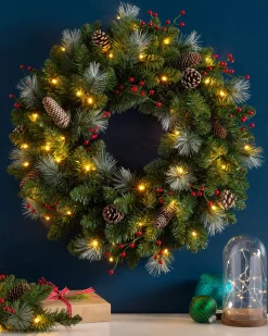 WeRChristmas Pre-Lit Frosted Wreath, Pinecones & Berries, 60 Cm