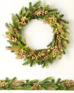 WeRChristmas Pre-Lit Gold Berry Mixed Tip Wreath, 76 Cm