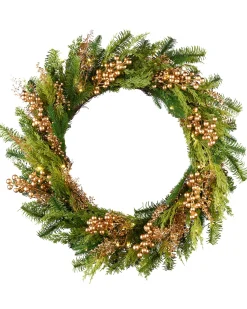 WeRChristmas Pre-Lit Gold Berry Mixed Tip Wreath, 76 Cm