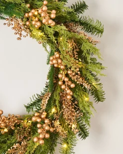 WeRChristmas Pre-Lit Gold Berry Mixed Tip Wreath, 76 Cm