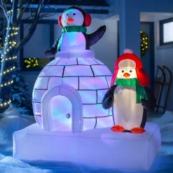 WeRChristmas Pre-Lit Inflatable Penguin Family And Igloo, 5 Ft