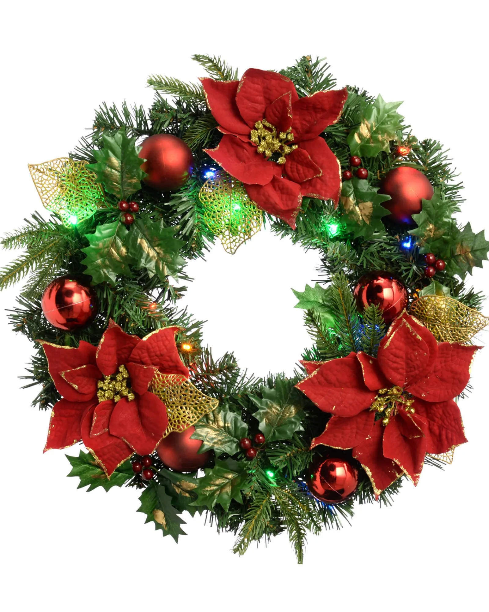 WeRChristmas Pre-Lit Multi-Coloured Decorated Wreath, Red/Gold, 60 Cm