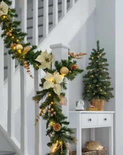 WeRChristmas Pre-Lit Multi-Function Decorated Garland, Cream/Gold, 9 Ft