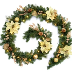 WeRChristmas Pre-Lit Multi-Function Decorated Garland, Cream/Gold, 9 Ft