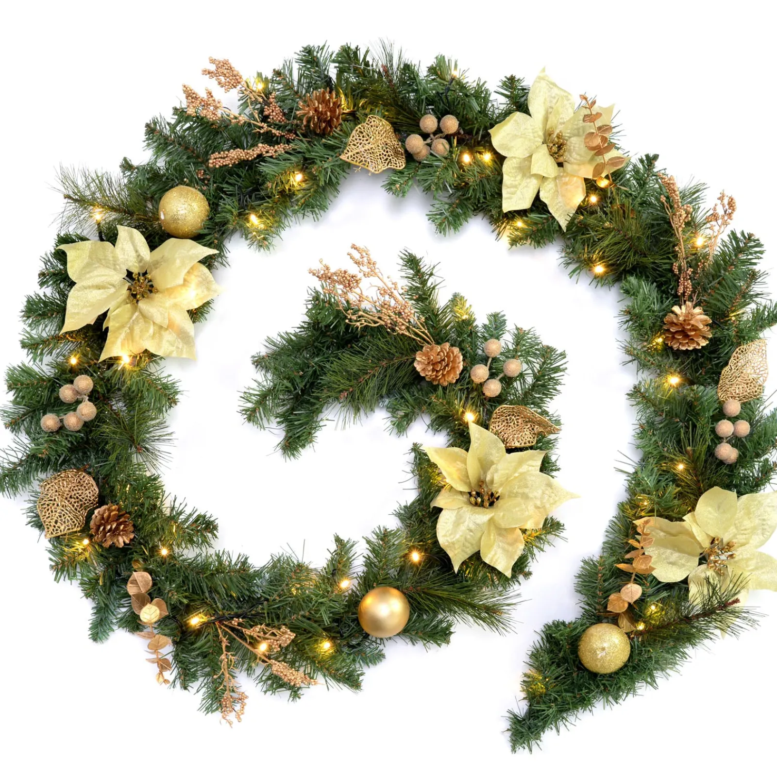 WeRChristmas Pre-Lit Multi-Function Decorated Garland, Cream/Gold, 9 Ft
