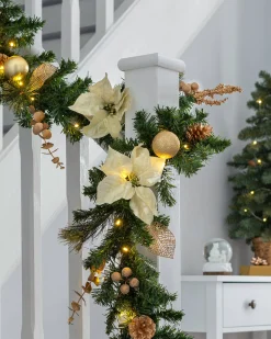 WeRChristmas Pre-Lit Multi-Function Decorated Garland, Cream/Gold, 9 Ft