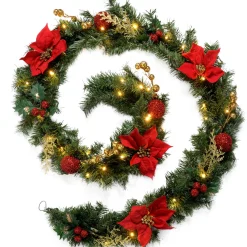 WeRChristmas Pre-Lit Multi-Function Decorated Garland, Red/Gold, 9 Ft