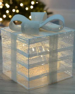 WeRChristmas Pre-Lit Paper String And Gauze Gift Box, 20 Cm