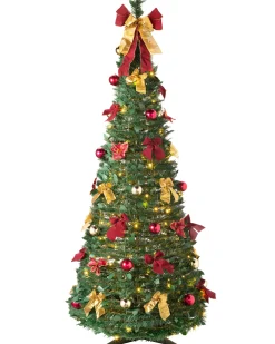 WeRChristmas Pre-Lit Pop-Up Decorated Christmas Tree, Red/Gold, 6 Ft
