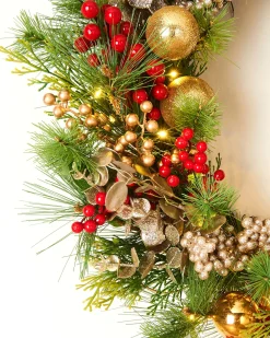 WeRChristmas Pre-Lit Red Berry Mixed Tip Wreath, 76 Cm
