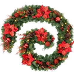 WeRChristmas Pre-Lit Red Decorated Extra Thick Garland, 9 Ft