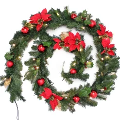 WeRChristmas Pre-Lit Warm White Decorated Garland, Red/Gold, 9 Ft