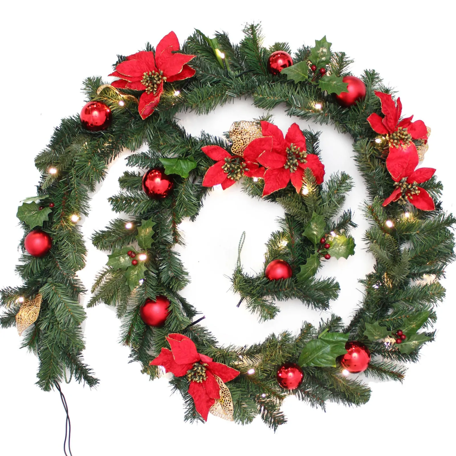 WeRChristmas Pre-Lit Warm White Decorated Garland, Red/Gold, 9 Ft