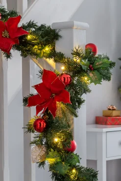 WeRChristmas Pre-Lit Warm White Decorated Garland, Red/Gold, 9 Ft