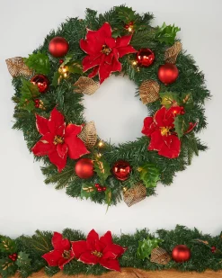 WeRChristmas Pre-Lit Warm White Decorated Wreath, Red/Gold, 60 Cm