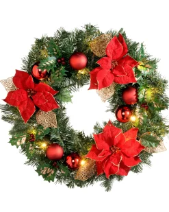 WeRChristmas Pre-Lit Warm White Decorated Wreath, Red/Gold, 60 Cm