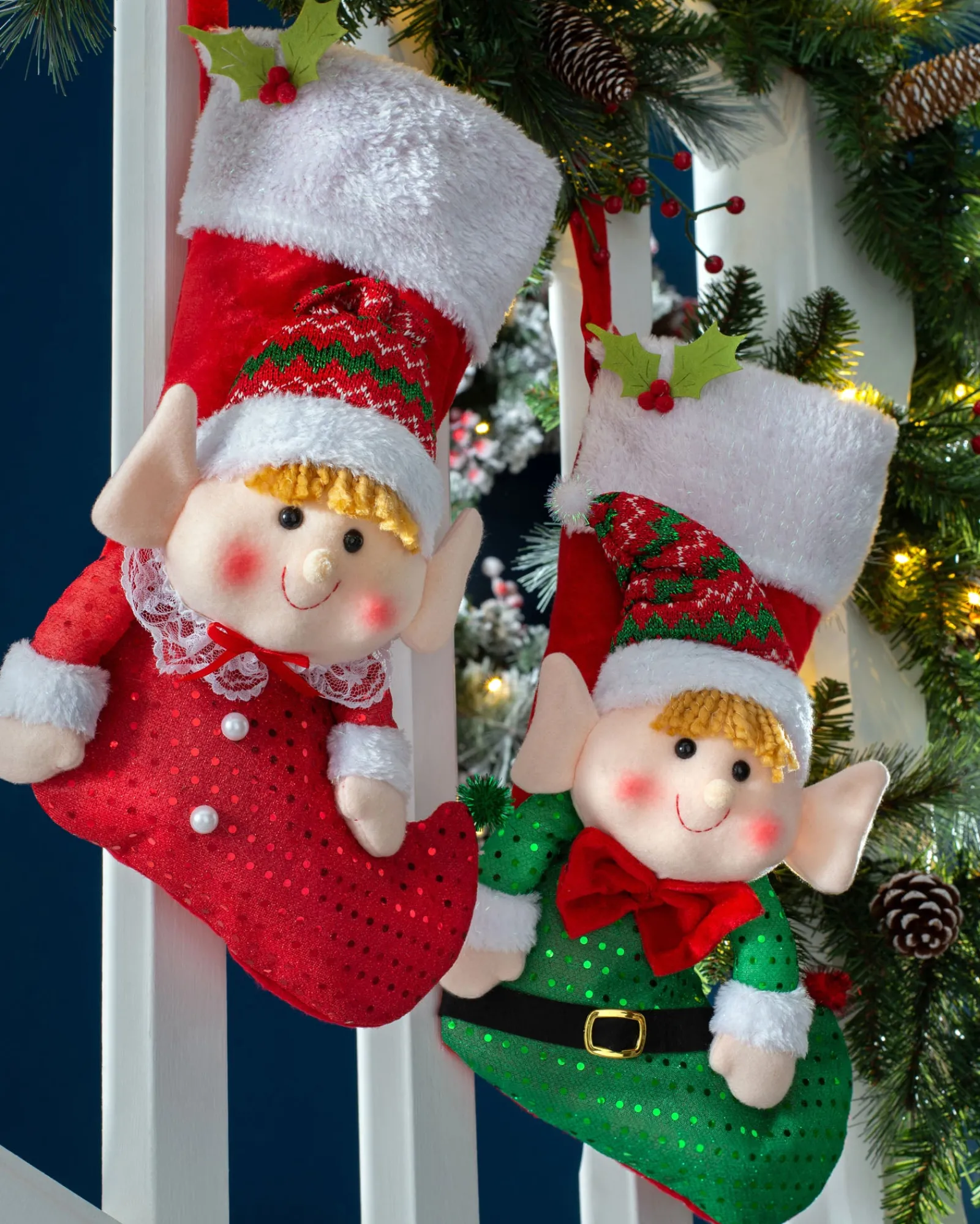 WeRChristmas Set Of 2 Elf Stockings, Red And Green, 53 Cm