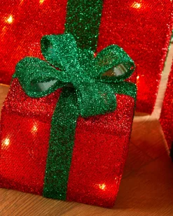 WeRChristmas Set Of 3 Pre-Lit Gift Box Silhouettes, Red, 26 Cm
