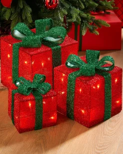 WeRChristmas Set Of 3 Pre-Lit Gift Box Silhouettes, Red, 26 Cm