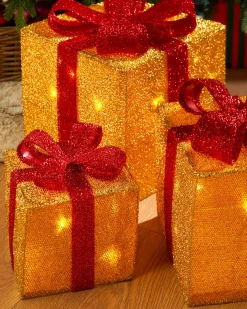 WeRChristmas Set Of 3 Pre-Lit Gift Box Silhouettes, Gold