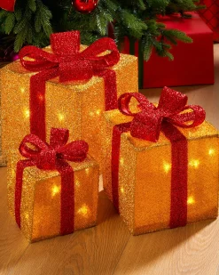WeRChristmas Set Of 3 Pre-Lit Gift Box Silhouettes, Gold