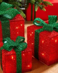WeRChristmas Set Of 3 Pre-Lit Gift Box Silhouettes 50 LED , Red