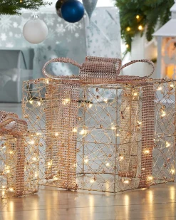 WeRChristmas Set Of 3 Pre-Lit Gift Boxes, Rose Gold, 40 Cm