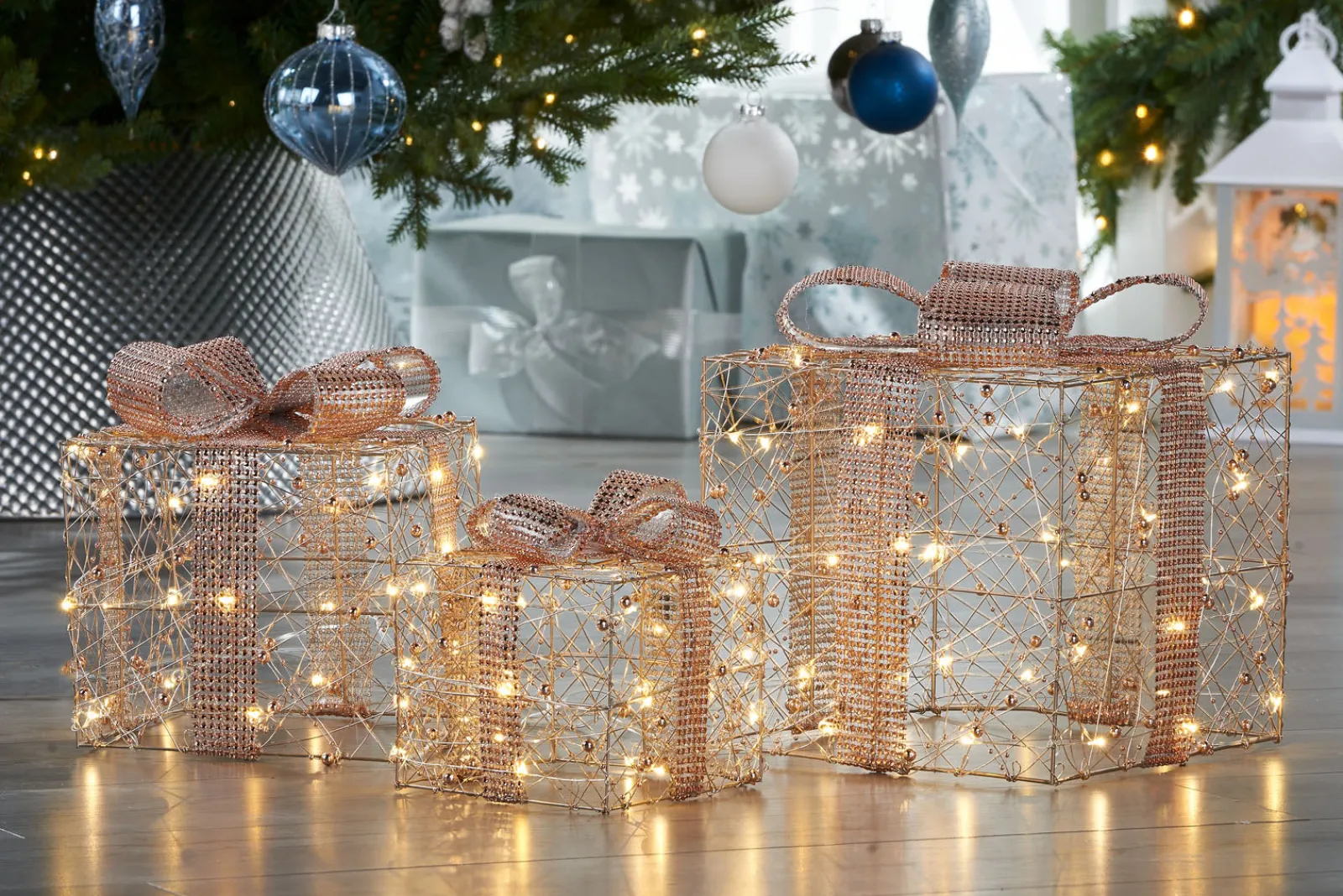 WeRChristmas Set Of 3 Pre-Lit Gift Boxes, Rose Gold, 40 Cm