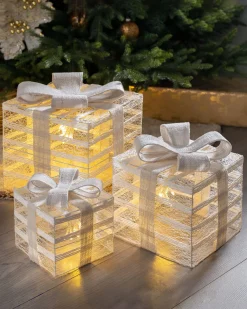 WeRChristmas Set Of 3 Pre-Lit Paper String And Gauze Gift Boxes, 26 Cm
