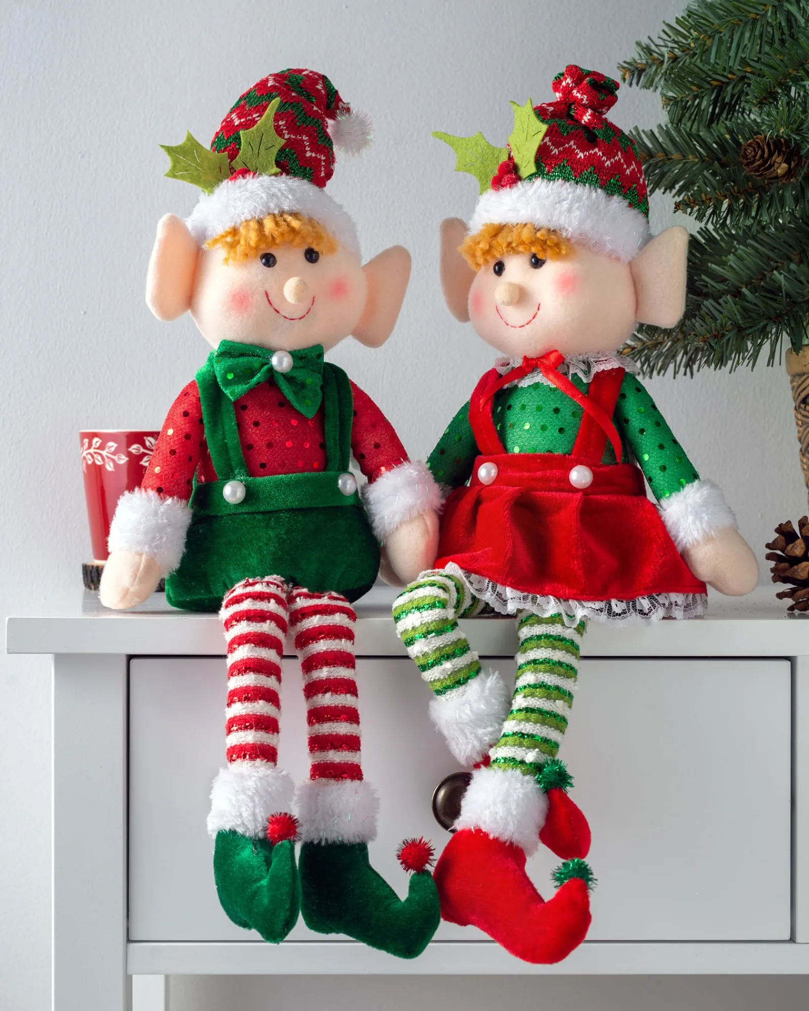 WeRChristmas Set Of 2 Sitting Elf Figurines, 46 Cm