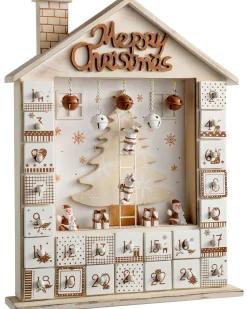 WeRChristmas Wooden House Advent Calendar Christmas Decoration, 37cm, Beige