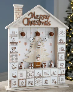 WeRChristmas Wooden House Advent Calendar Christmas Decoration, 37cm, Beige